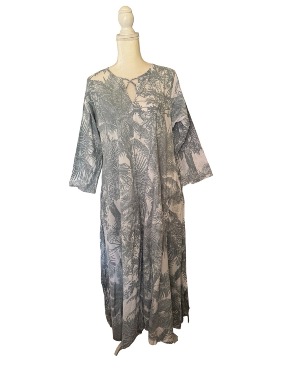 Boho Palm-Print Maxi Dress - Gray and Cream